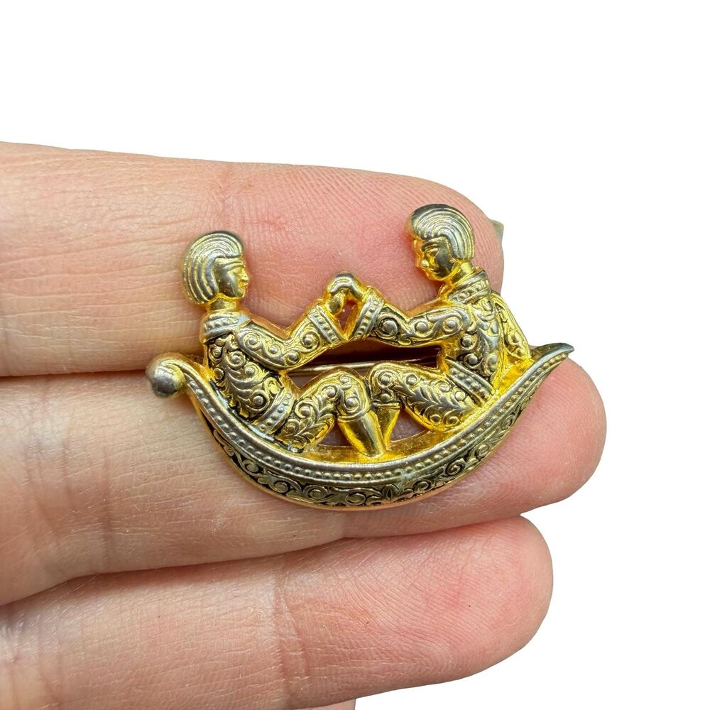 Vintage Damascene Sweetheart Boat Brooch